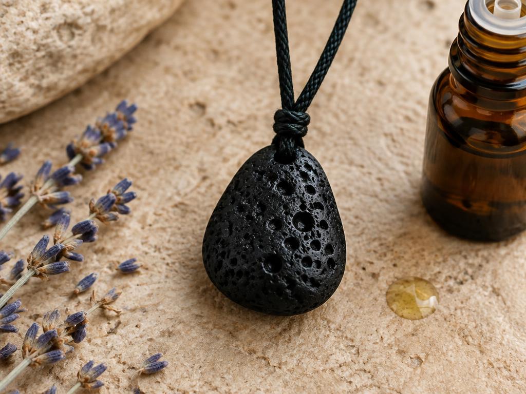 Colgante de piedra de lava volcánica negra con cordón y aceite esencial