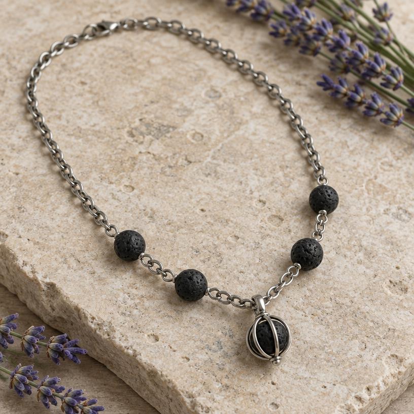INFUSEU collar de aromaterapia con piedras de lava – acero y lava para aromaterapia